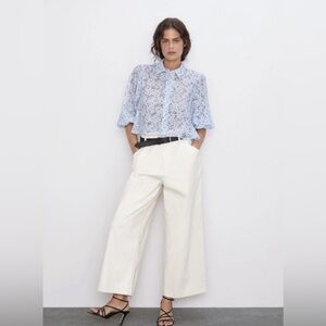 Zara Floral Blue Organza Puff Sleeve Sheer Cropped Blouse Size XS